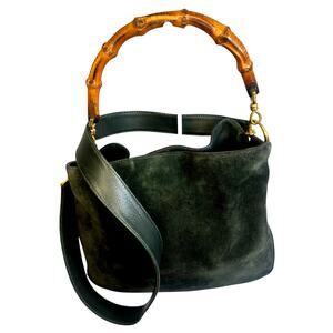 Gucci Bamboo handle ~ Green Suede Shoulder Bag ~ Leather Strap ~ Gold Hardware